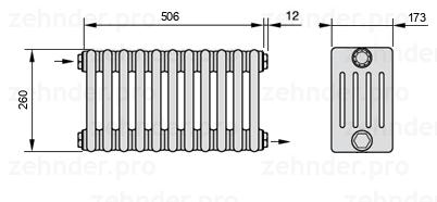 Схема (чертеж) Радиатор Zehnder Charleston 5026/11 №1670 Белый глянцевый RAL 9016